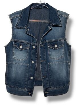 Vintage Denim Vest Classic Dark Blue Sleeveless Jean Jacket Womens Size Medium